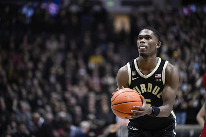 Purdue Boilermakers guard Brandon Newman (5) shoots a free throw during the second half against the Indiana Hoosiers.